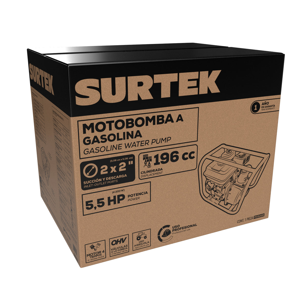 Motobomba a gasolina con diámetro de succión y descarga de 2x2", 5.5 HP Surtek
