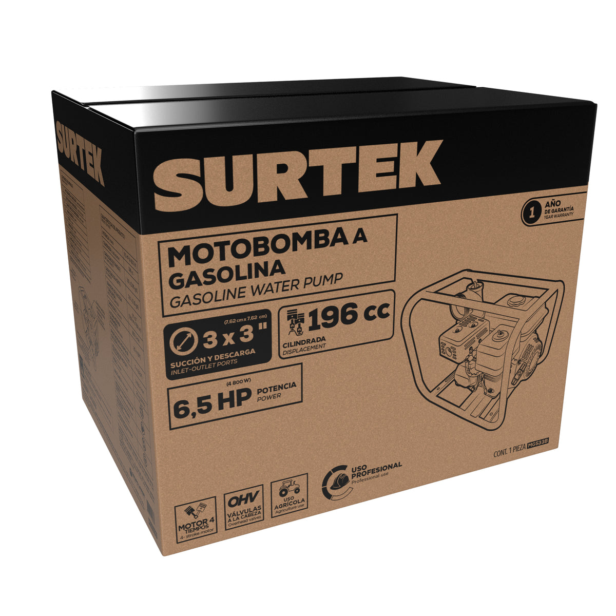 Motobomba a gasolina con diámetro de succión y descarga de 3x3", 6.5 HP Surtek