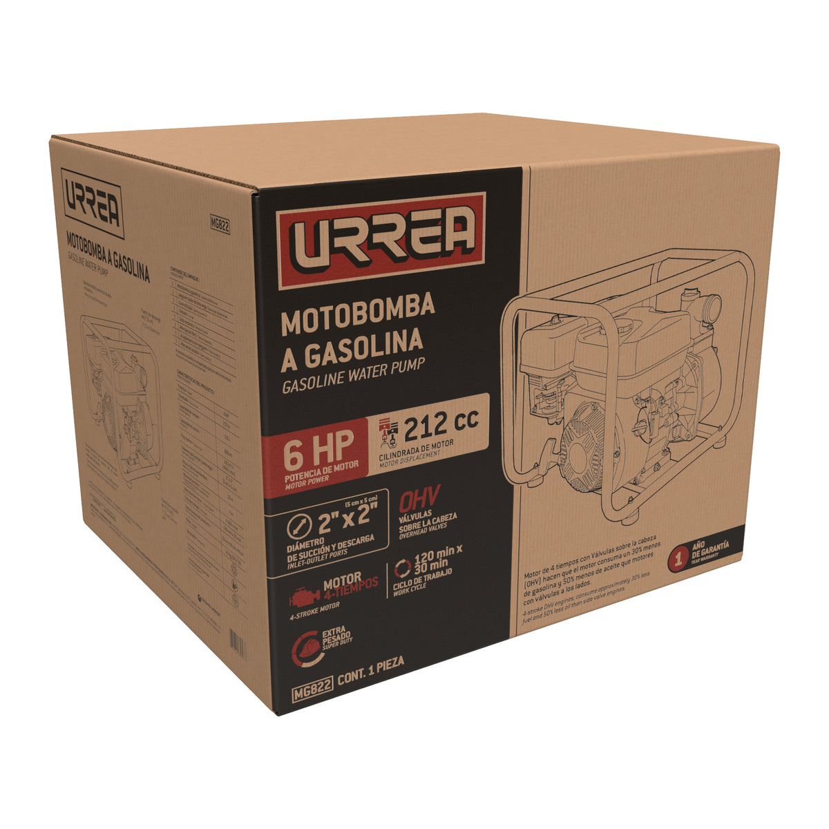 Motobomba a gasolina con diámetro de succión y descarga de 2 x 2", 6 HP Urrea