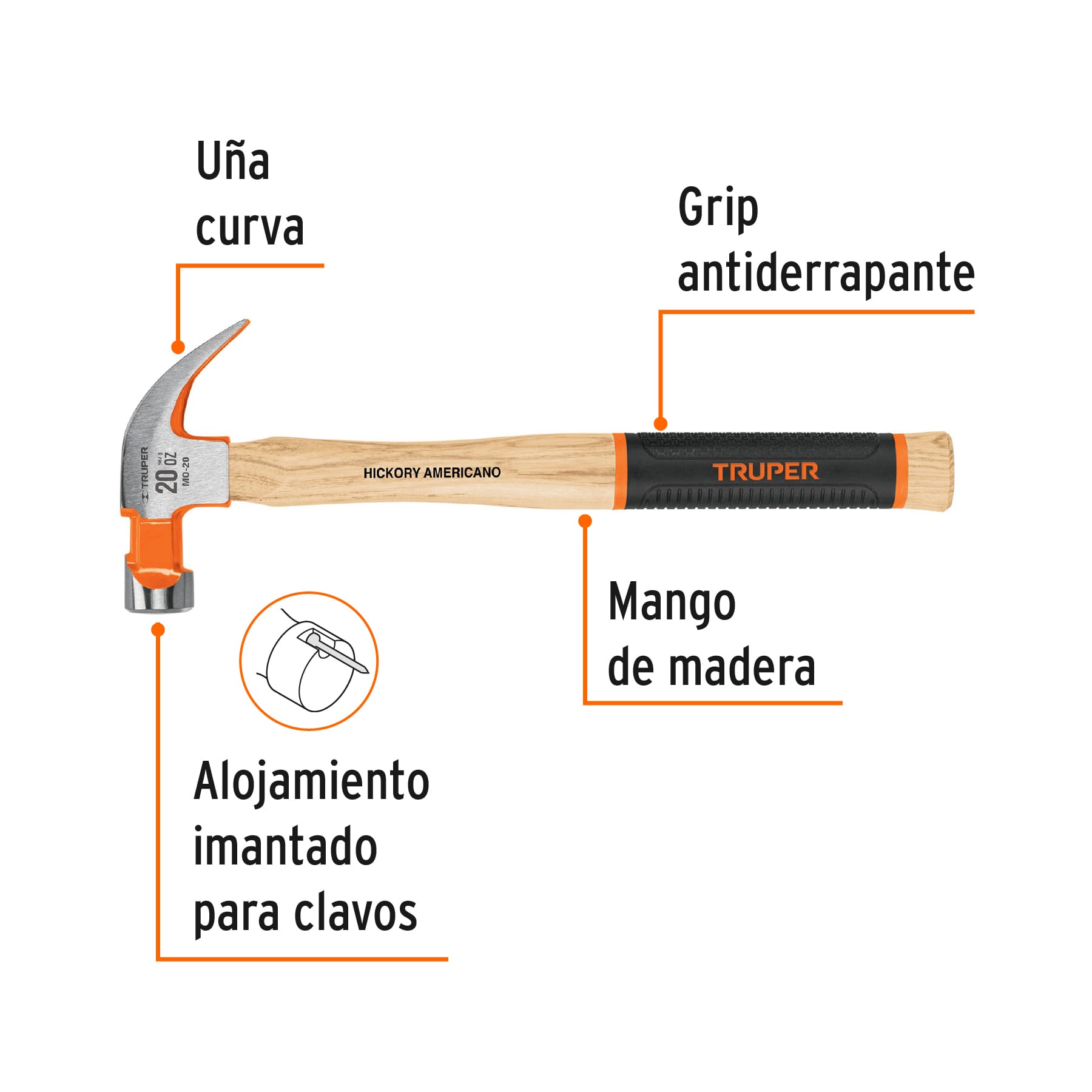 Truper MO-20, Martillo pulido de uña curva, 20 oz