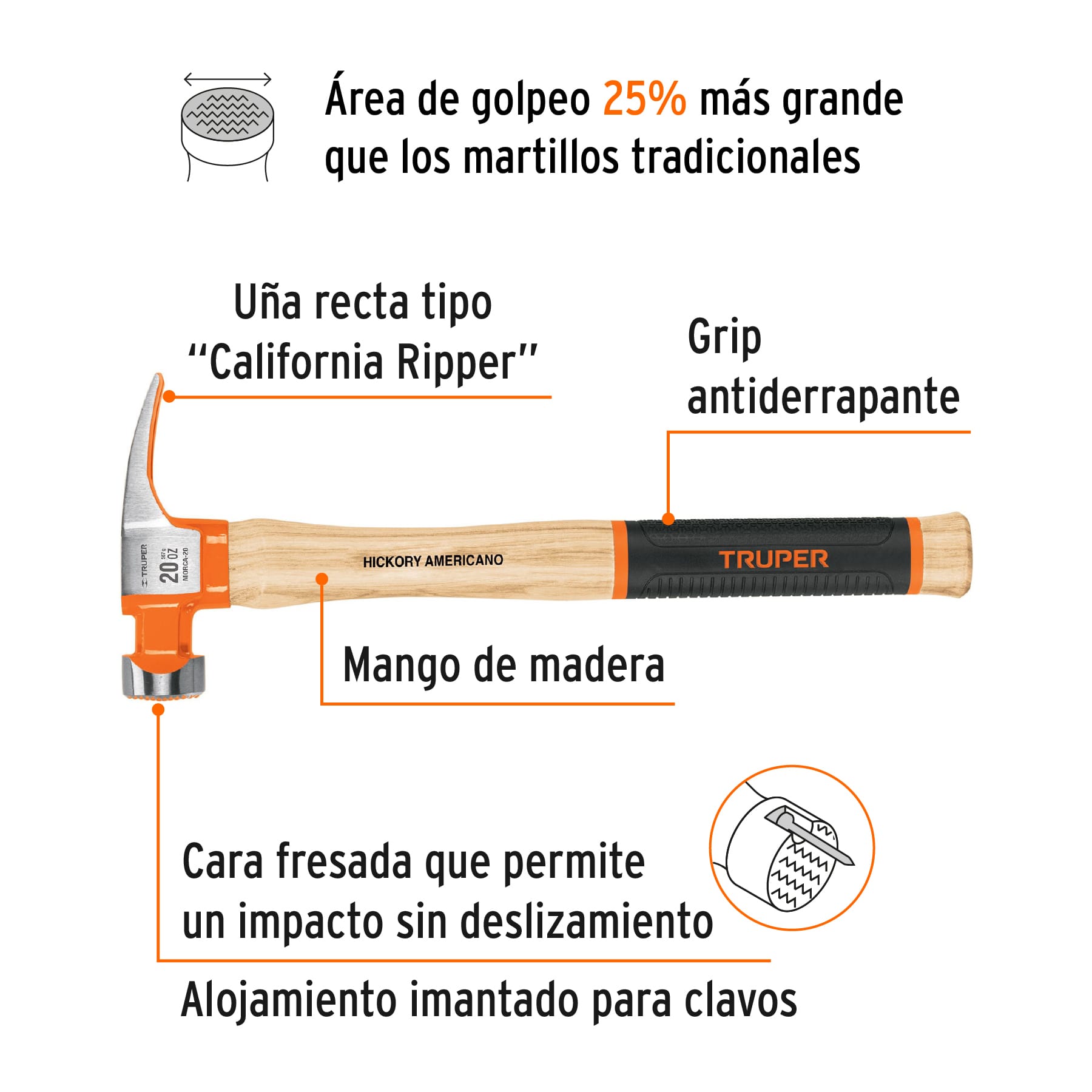 Truper MORCA-20, Martillo California Ripper, boca fresada, 20 oz, hickory