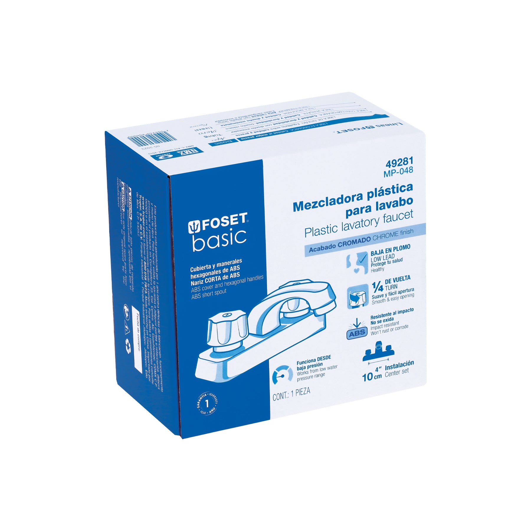 Foset Basic MP-048, Mezcladora plástica lavabo, cuello corto, manerales estándar