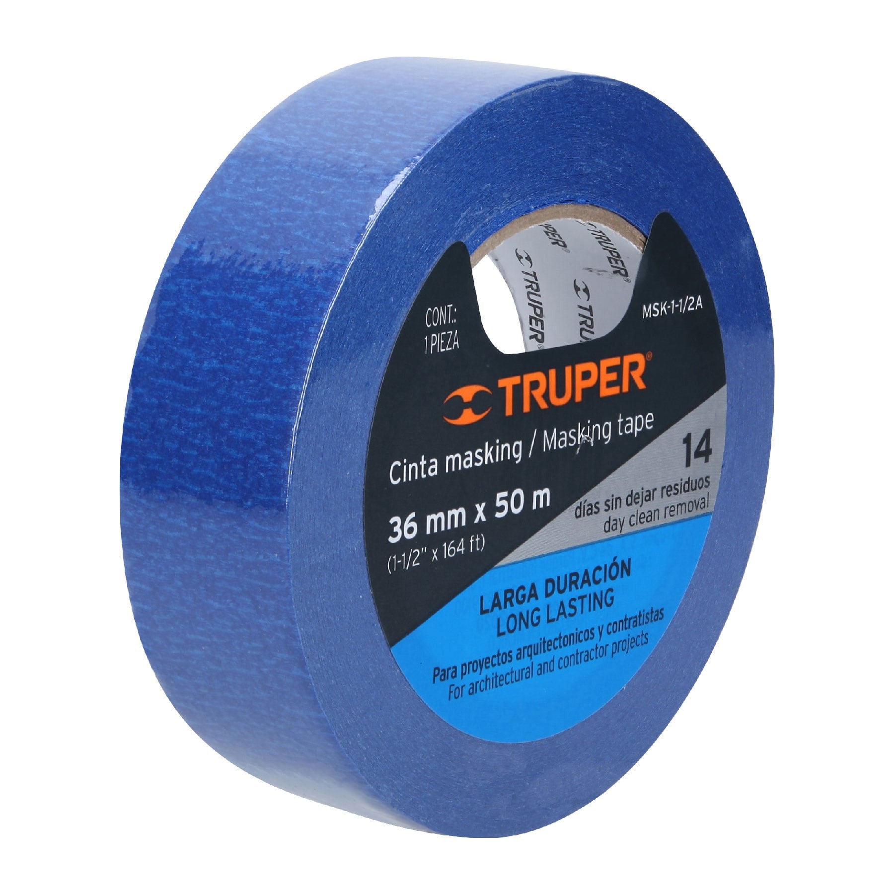 Truper MSK-1-1/2A, Cinta masking tape azul, 50 m, 36 mm