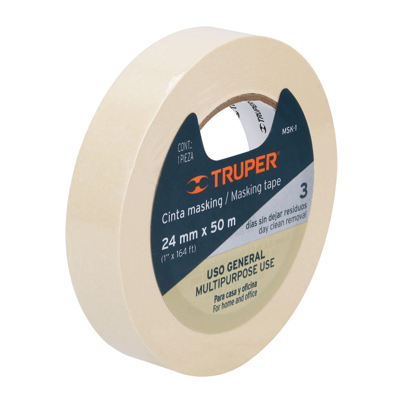 Truper MSK-1, Cinta masking tape, 1″ x 50 m, adhesivo de hule - Carzamo.com