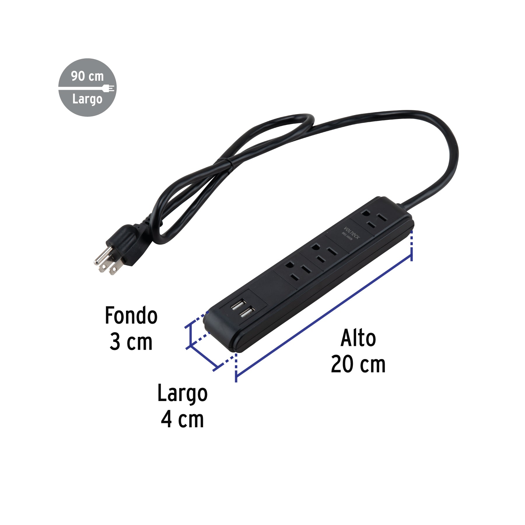 Multicontacto MUL-340UN Negro con 3 Entradas y 2 Puertos USB Protección 300J