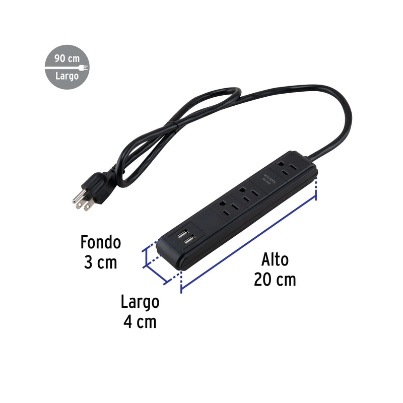 Multicontacto MUL-340UN Negro con 3 Entradas y 2 Puertos USB Protección 300J - Carzamo.com