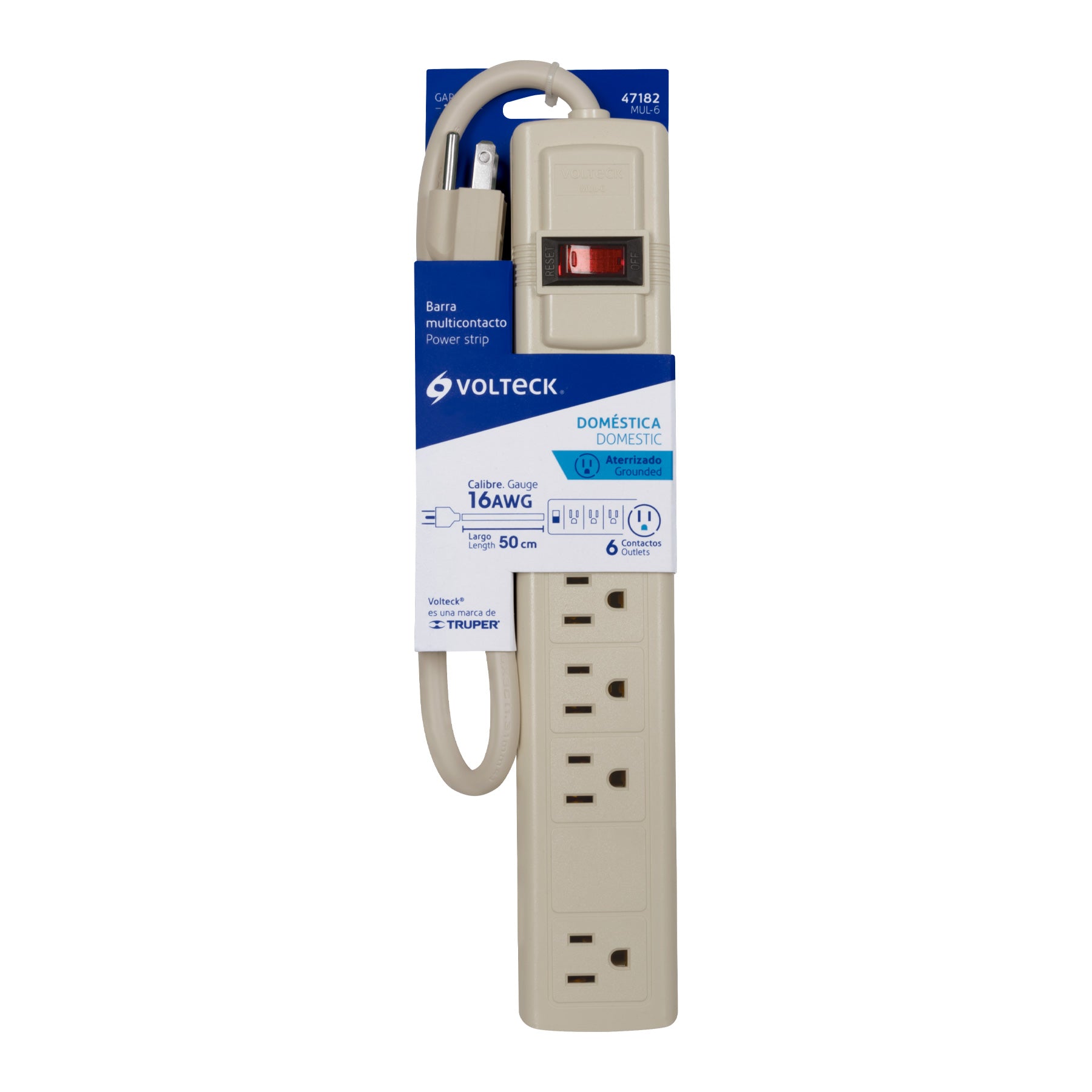 Volteck MUL-6, Multicontacto uso doméstico, 6 entradas, 16 AWG