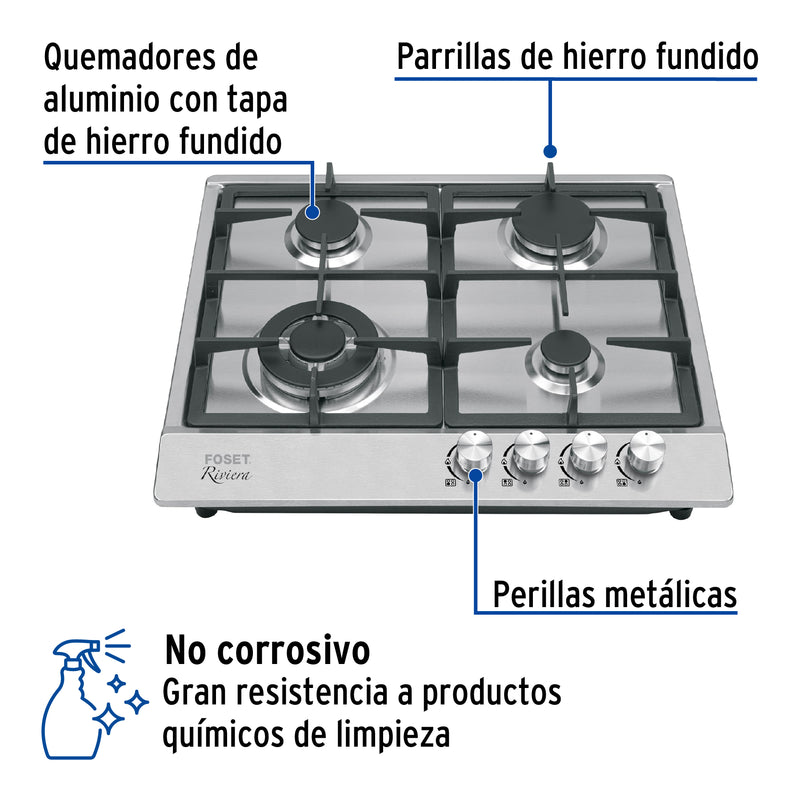 Parrilla de Gas Empotrable RIVIERA PAE-604GA 60 cm 4 Quemadores Acero Inoxidable - Carzamo.com