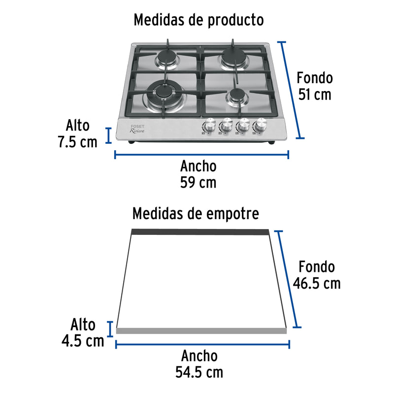Parrilla de Gas Empotrable RIVIERA PAE-604GA 60 cm 4 Quemadores Acero Inoxidable - Carzamo.com