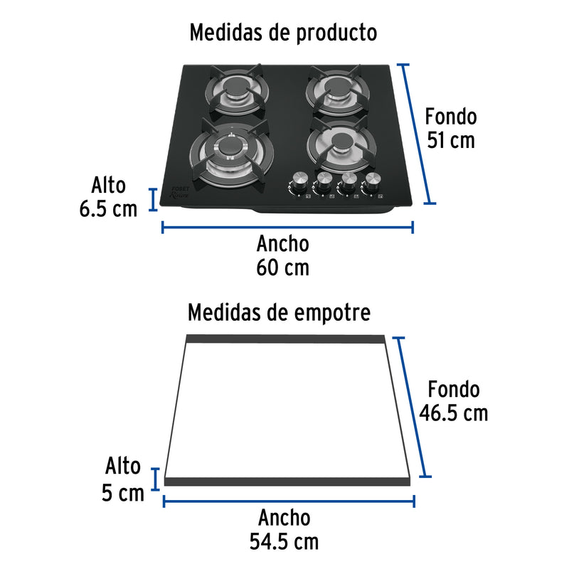 Parrilla de Gas Empotrable RIVIERA PAE-604GV 60 cm 4 Quemadores Vidrio Negro - Carzamo.com
