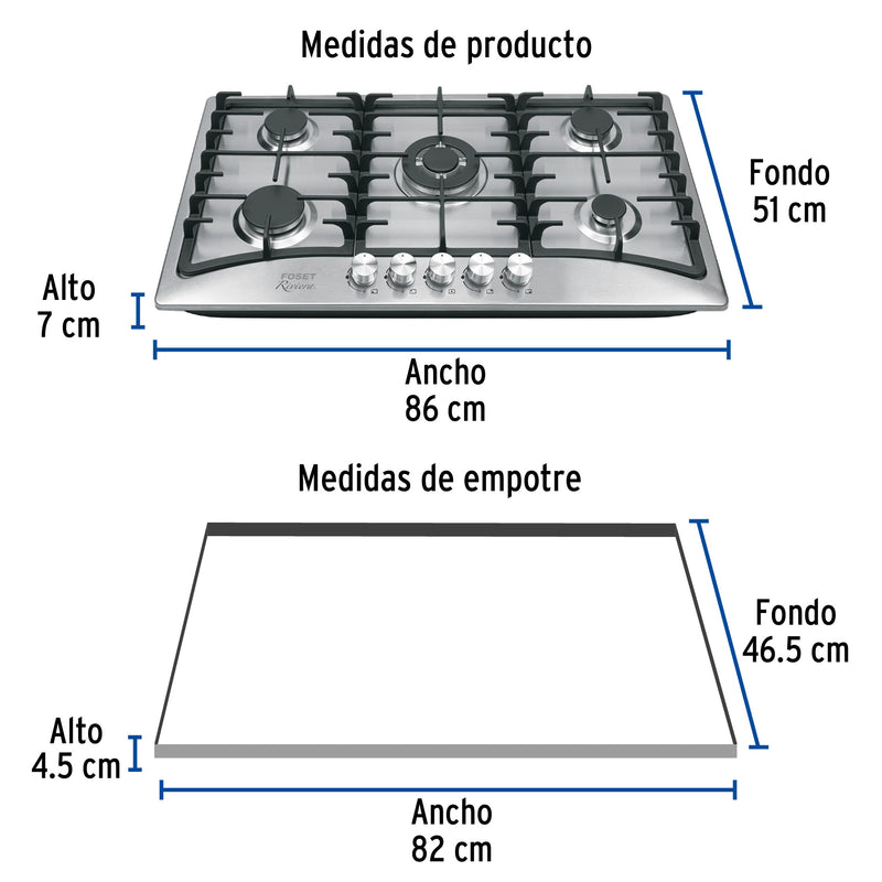Parrilla de Gas Empotrable RIVIERA PAE-905GA 90 cm 5 Quemadores Acero Inoxidable - Carzamo.com