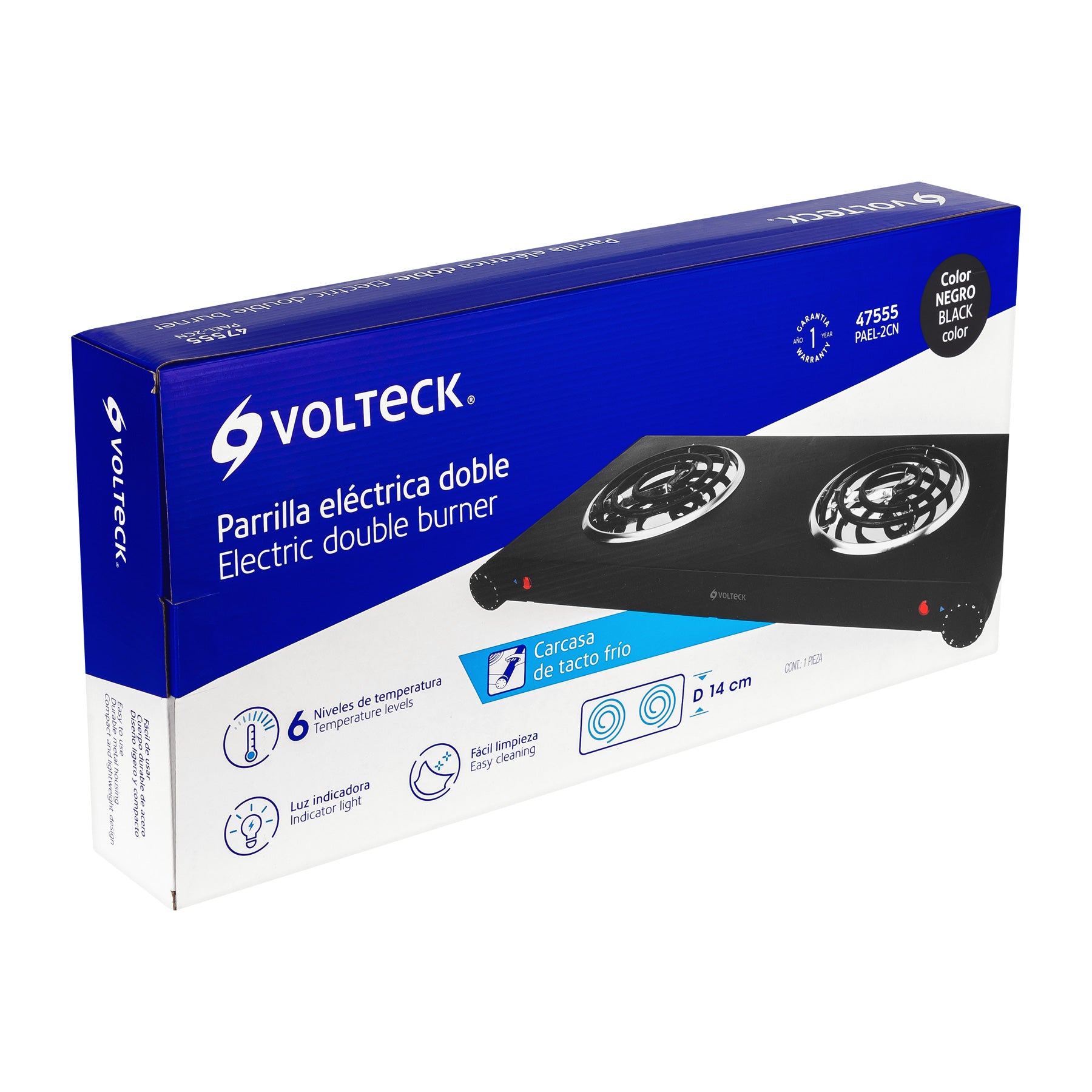 Parrilla Eléctrica VOLTECK PAEL-2CN Negra 2 Quemadores en Espiral 1500W