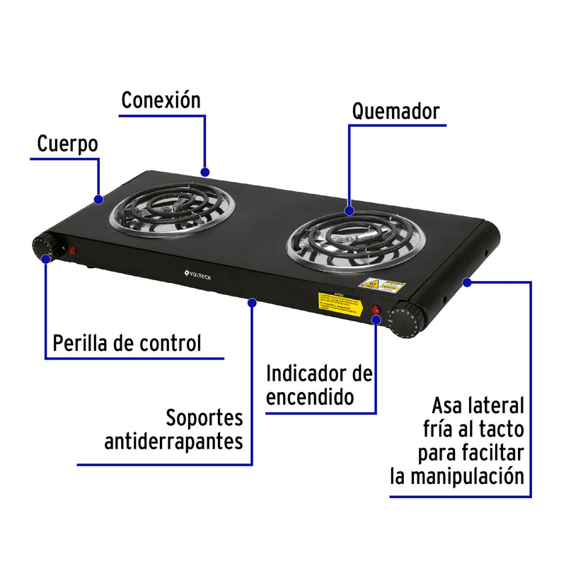 Parrilla Eléctrica VOLTECK PAEL-2CN Negra 2 Quemadores en Espiral 1500W - Carzamo.com
