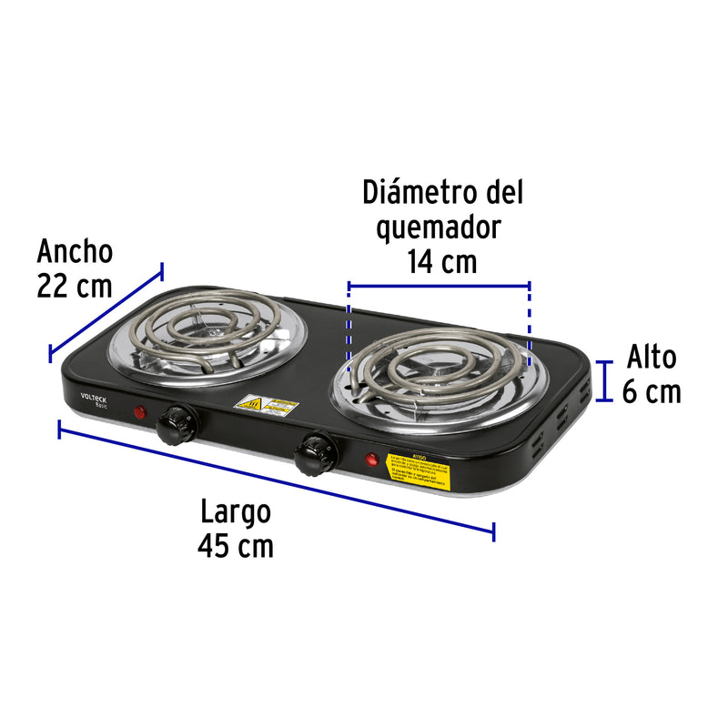 Parrilla Eléctrica BASIC PAEL-2CPN Negra con 2 Quemadores en Espiral - Carzamo.com