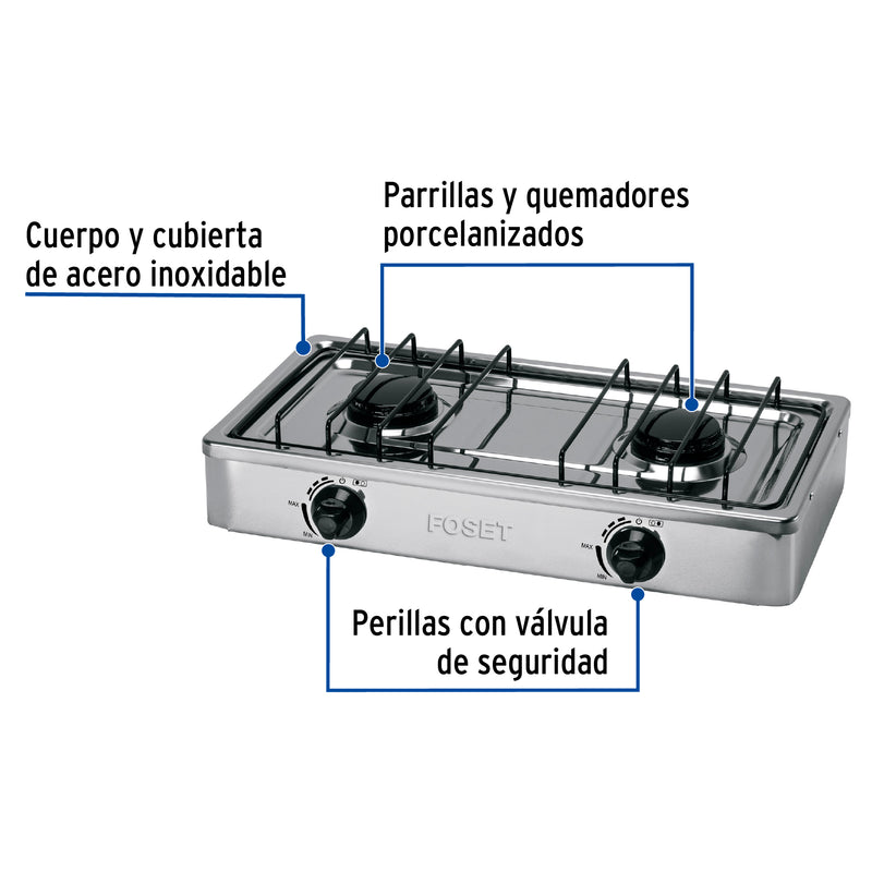 Parrilla de Gas FOSET PAGA-2X de Sobreponer 2 Quemadores Acero Inoxidable - Carzamo.com