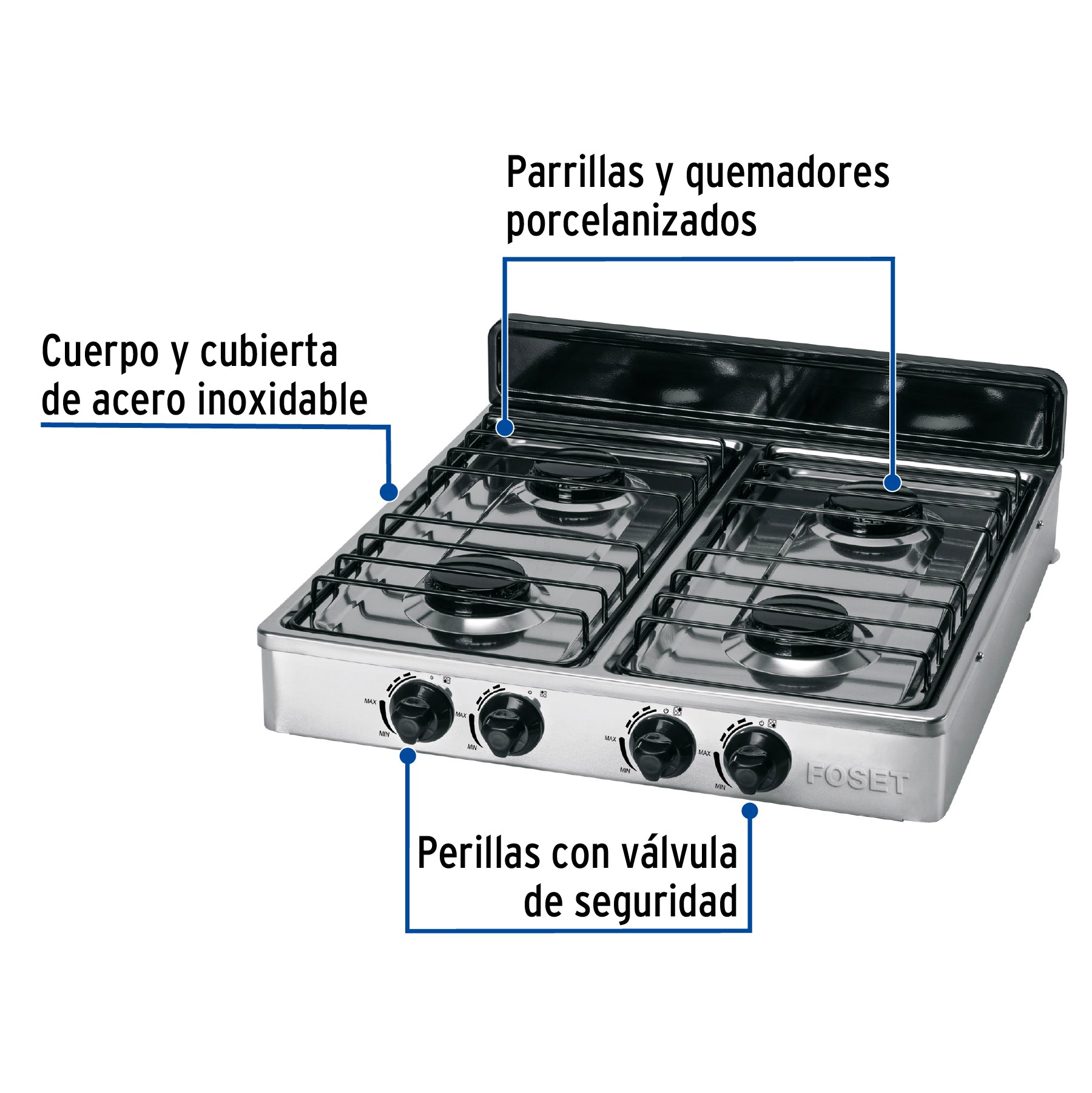 Parrilla de Gas FOSET PAGA-4X de Sobreponer 4 Quemadores Acero Inoxidable