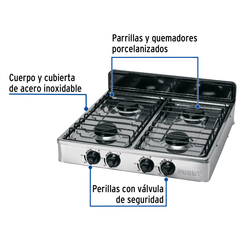 Parrilla de Gas FOSET PAGA-4X de Sobreponer 4 Quemadores Acero Inoxidable - Carzamo.com