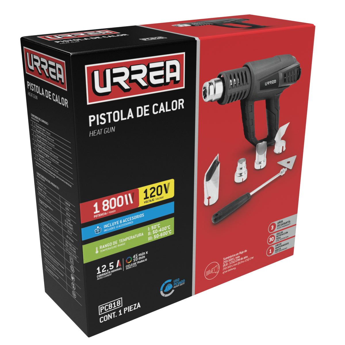 Pistola de calor contra sobrecalentamiento 1800 W, 50°C a 600°C, 120 V, 6 acc Urrea