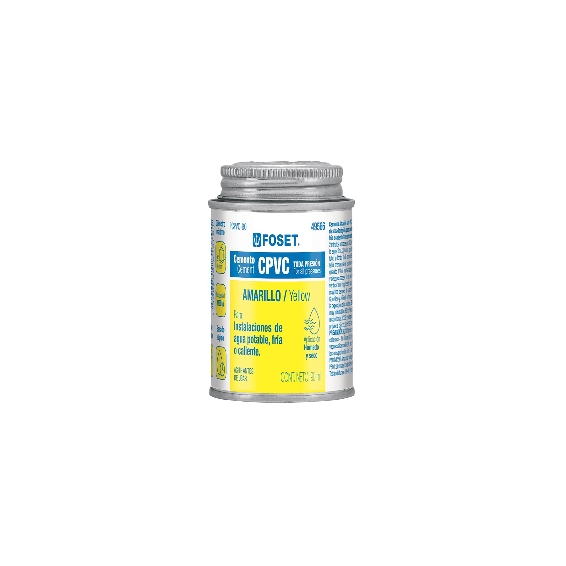 Cemento pegamento para CPVC, amarillo, toda presión, lata 90ml, FOSET