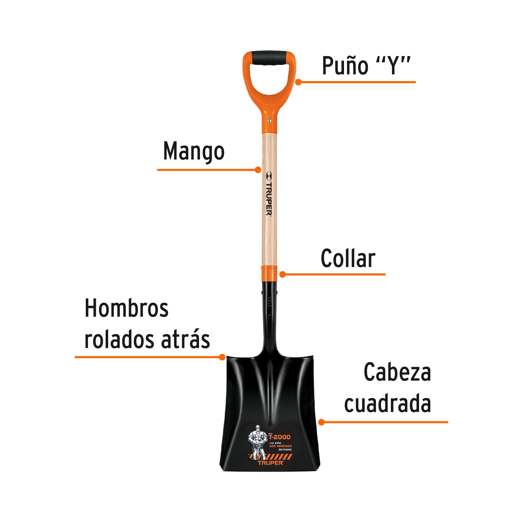 Truper PCY-P, Pala cuadrada puño ″Y″, modelo T-2000, 40 3/4″