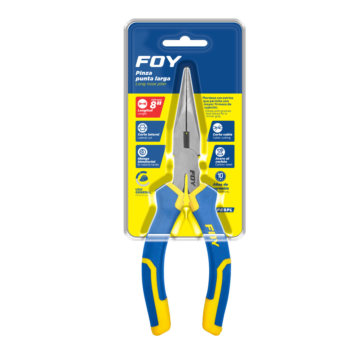 Pinza para electricista con mango bimaterial punta larga de 8" Foy