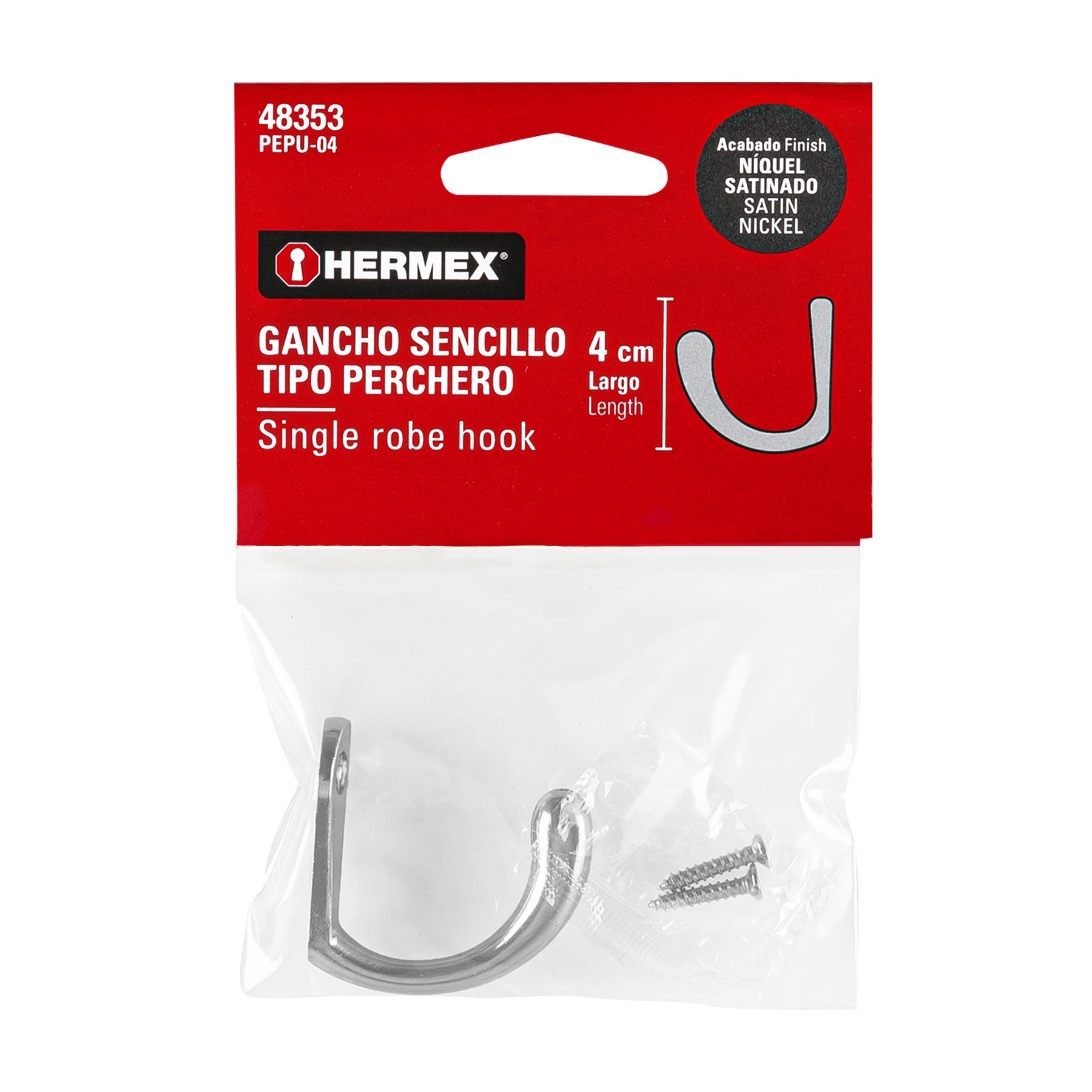 Hermex PEPU-04, Gancho sencillo tipo perchero color níquel satinado
