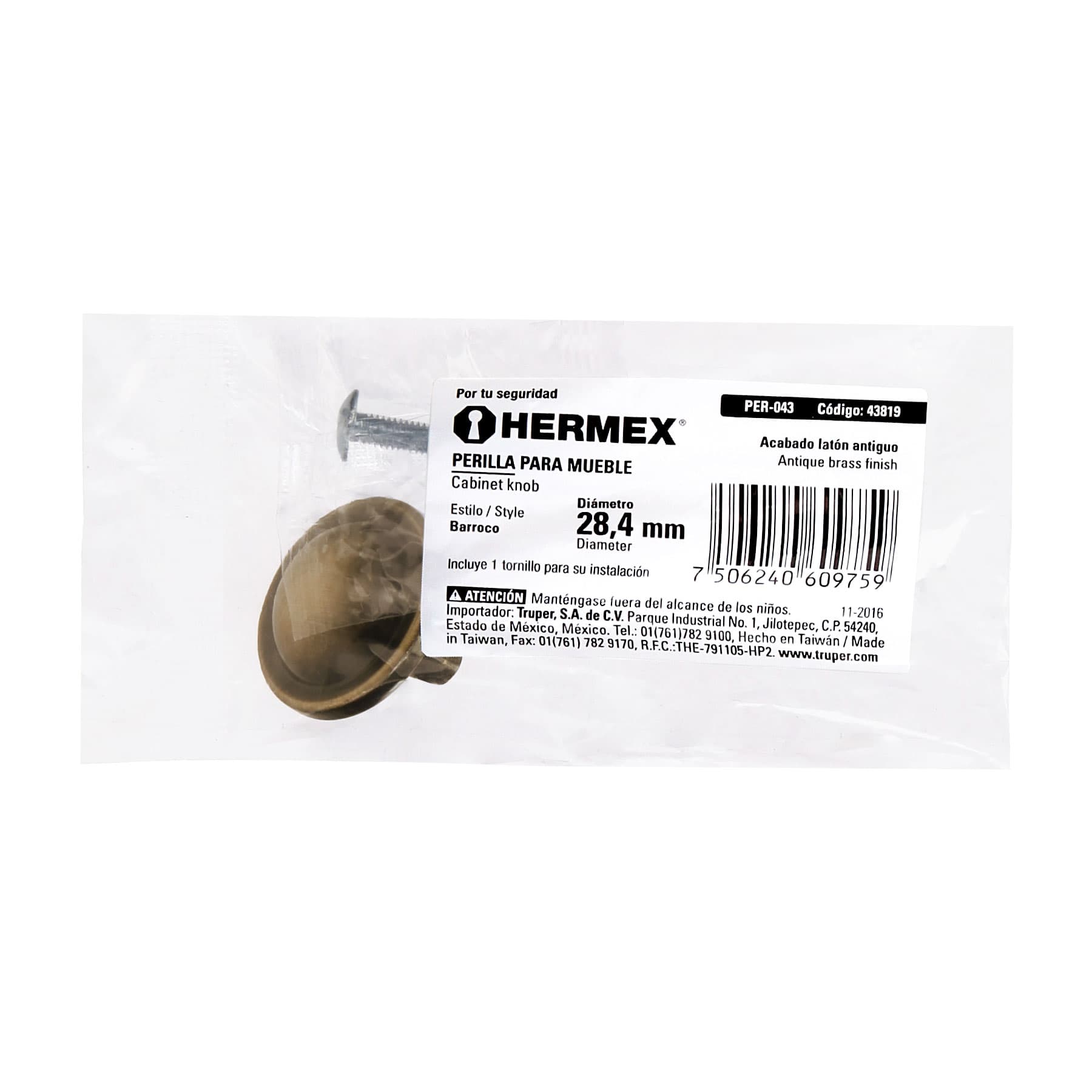 Hermex PER-043, Perilla estilo Barroco, latón antiguo