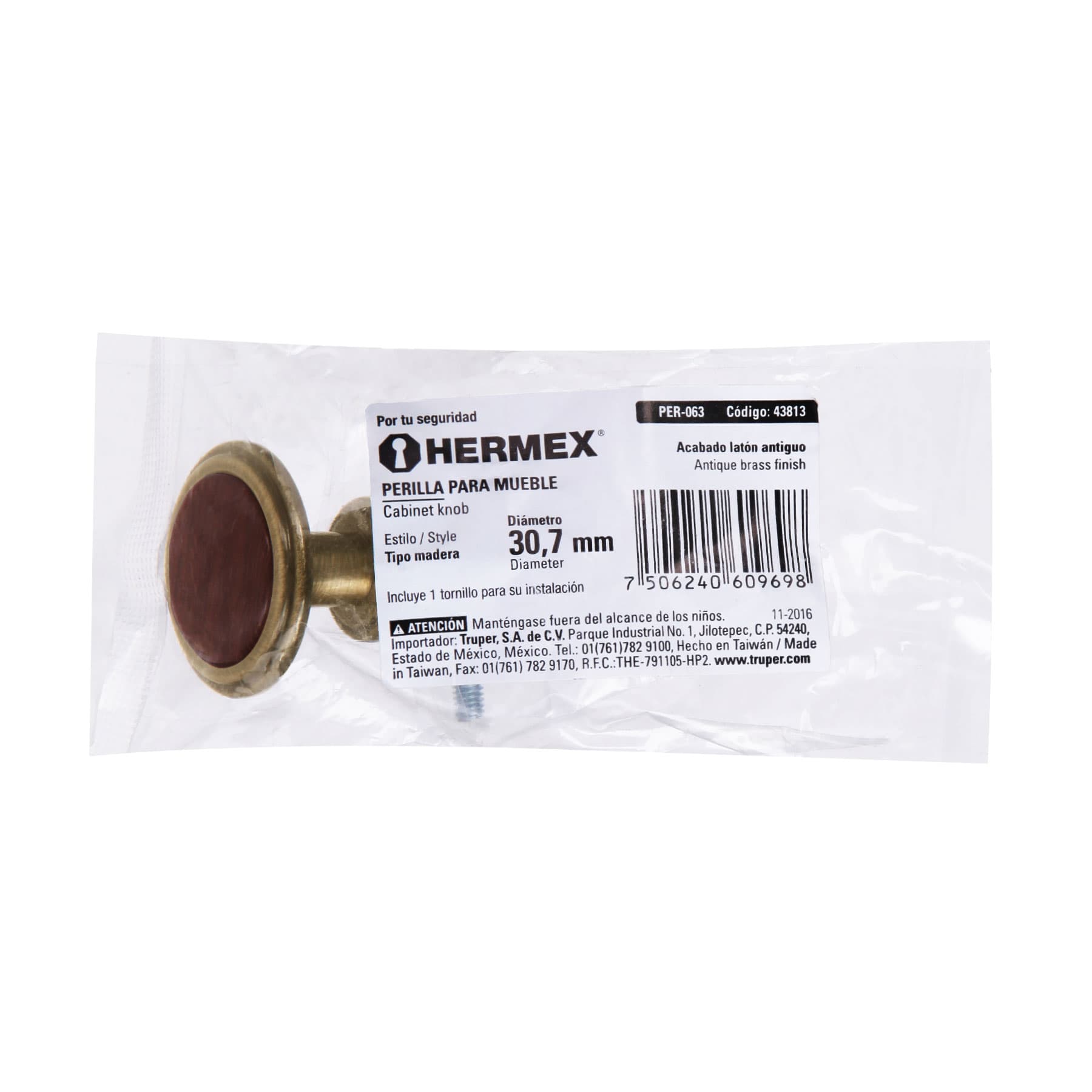 Hermex PER-063, Perilla de latón antiguo, con inserto tipo madera