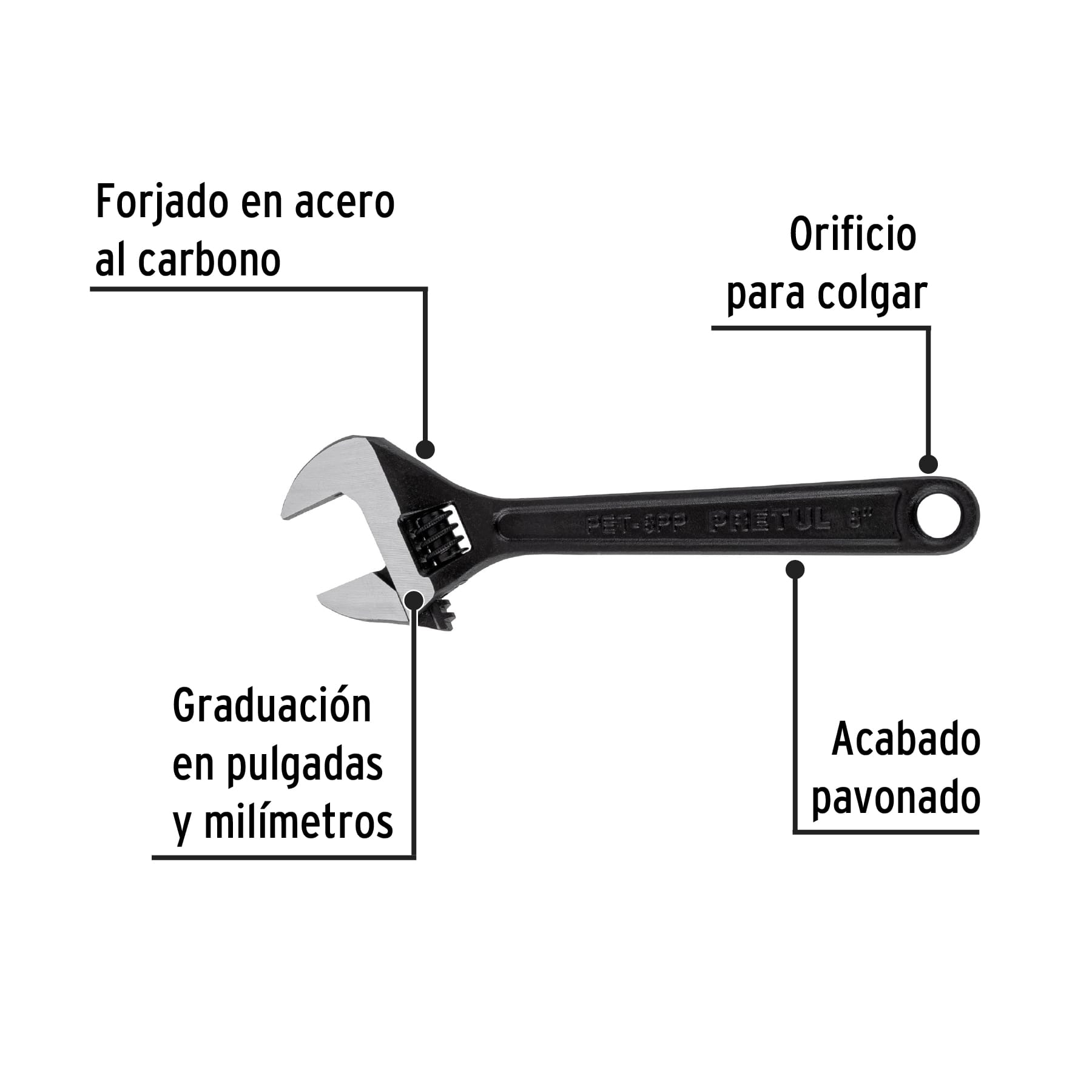 Pretul PET-8PP, Llave ajustable (perico) 8″ pavonada - Carzamo.com