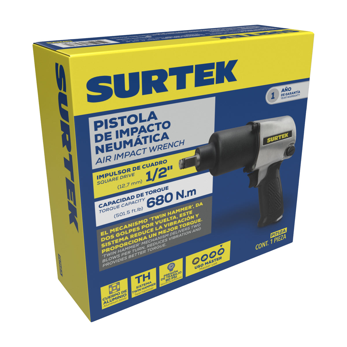Pistola de impacto neumática cuadro de 1/2" 500 Ft-lb sistema twin hammer Surtek