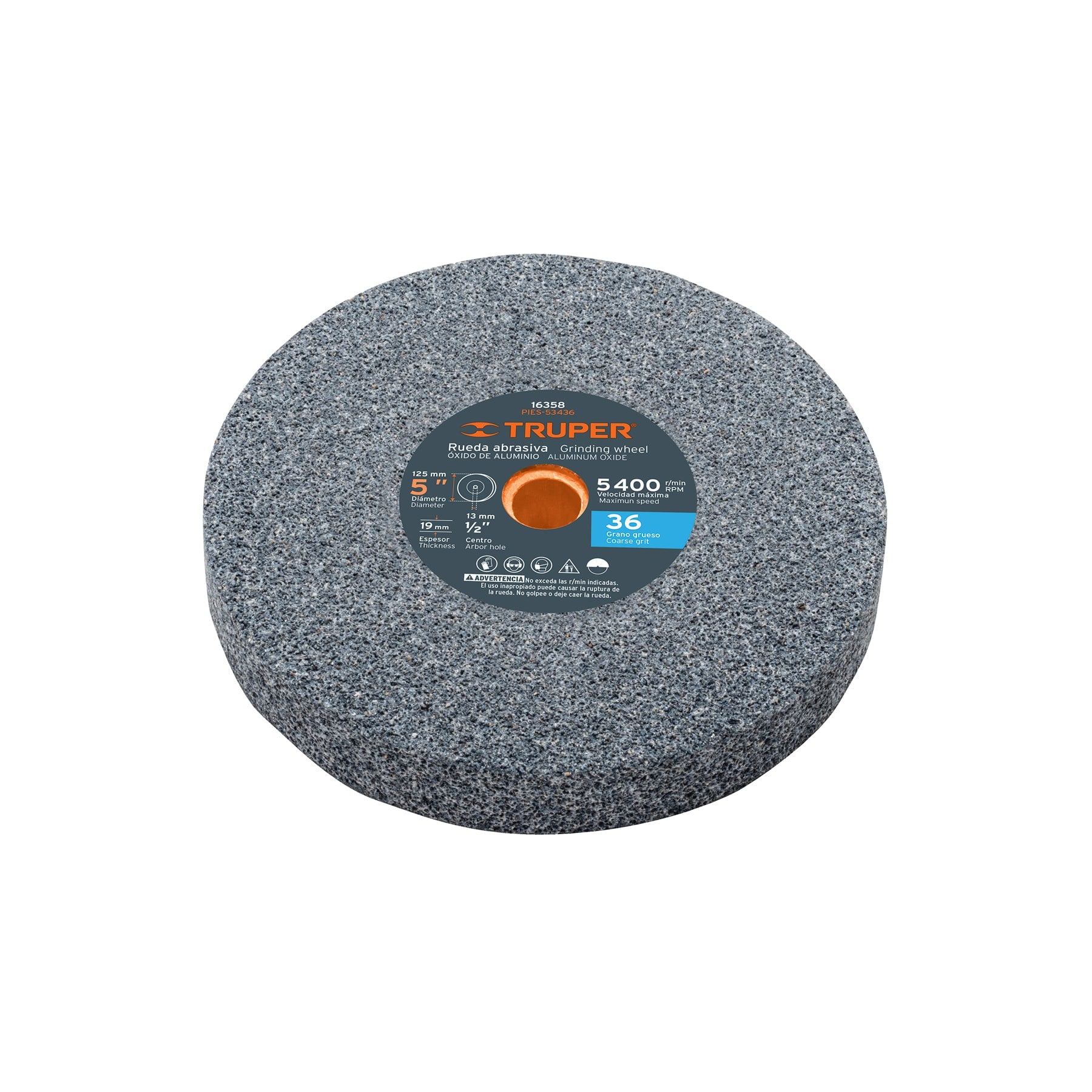 Truper PIES-53436, Piedra para esmeril, óxido de aluminio 5″, grano 36, espesor 3/4″, barreno 1/2″