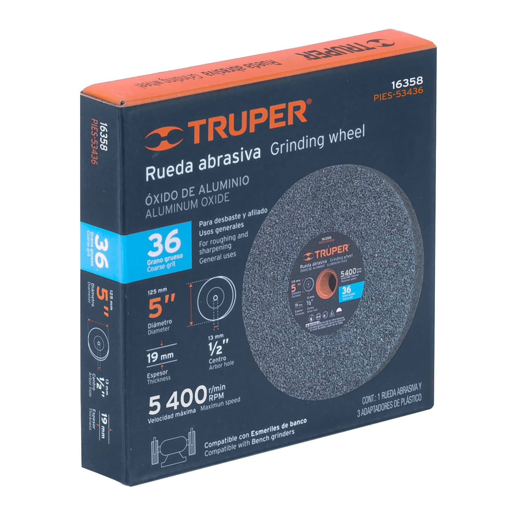 Truper PIES-53436, Piedra para esmeril, óxido de aluminio 5″, grano 36, espesor 3/4″, barreno 1/2″