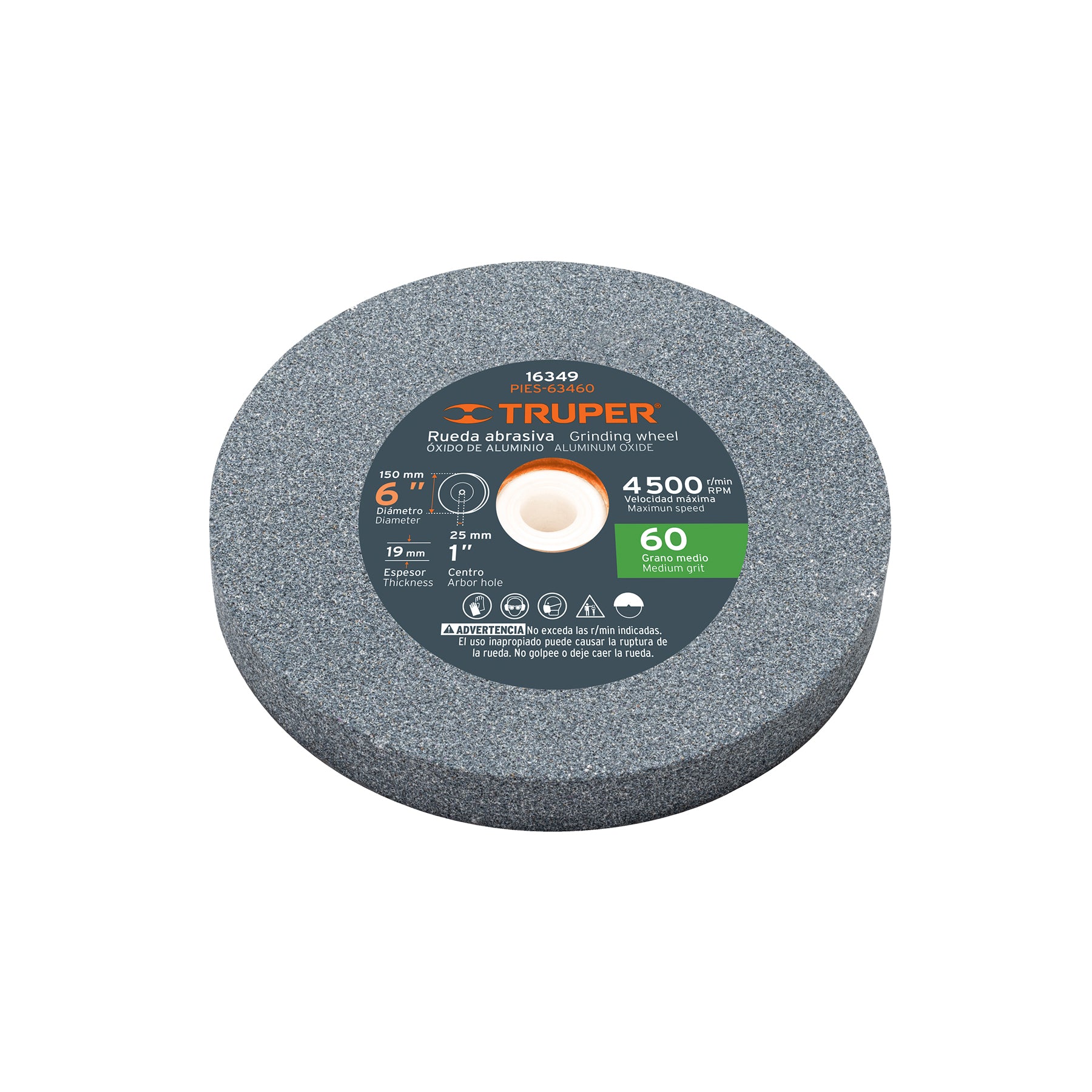 Truper PIES-63460, Piedra para esmeril, óxido de aluminio 6″, grano 60, espesor 3/4″, barreno 1″