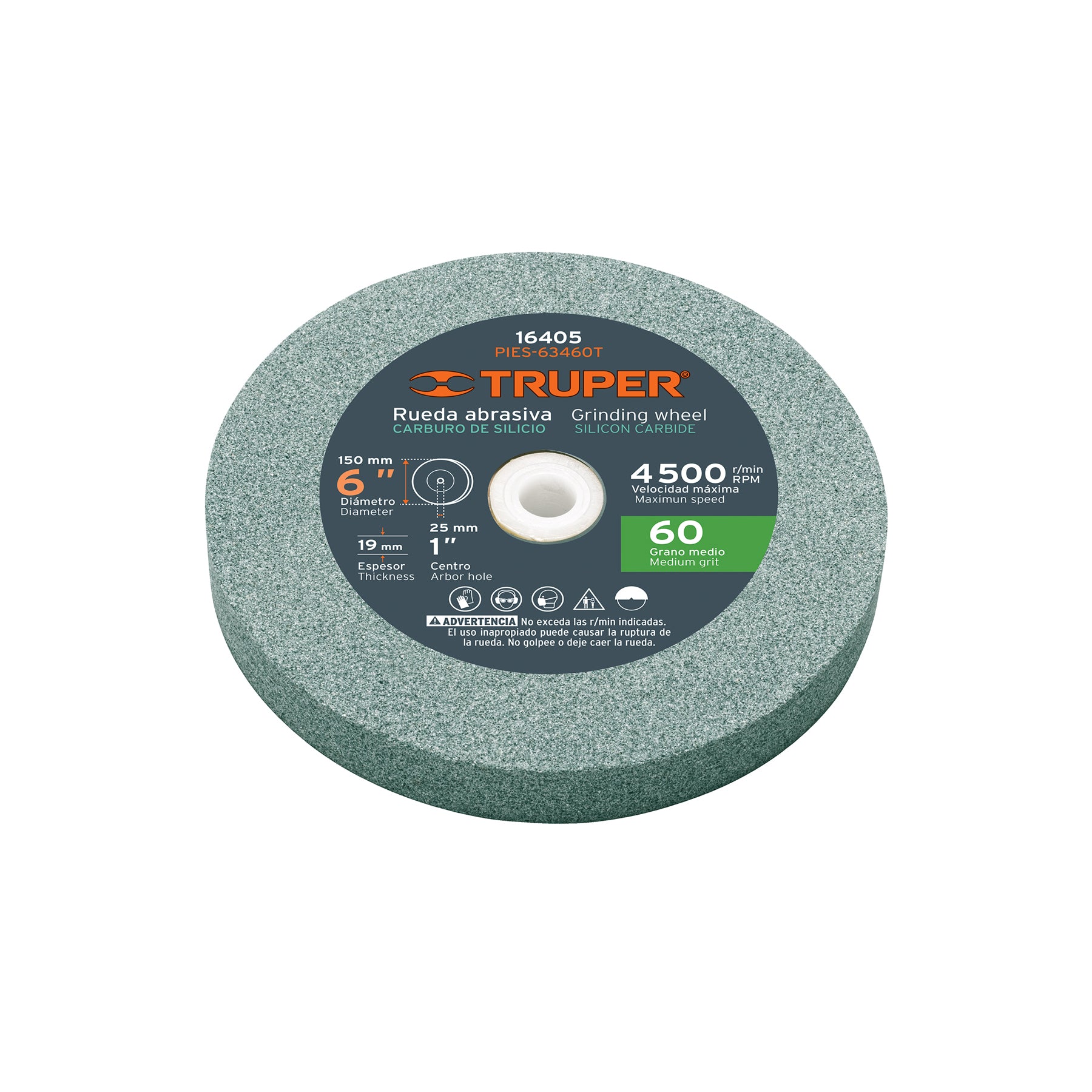 Truper PIES-63460T, Piedra para esmeril, carburo de silicio 6″, grano 60, espesor 3/4″, barreno 1″