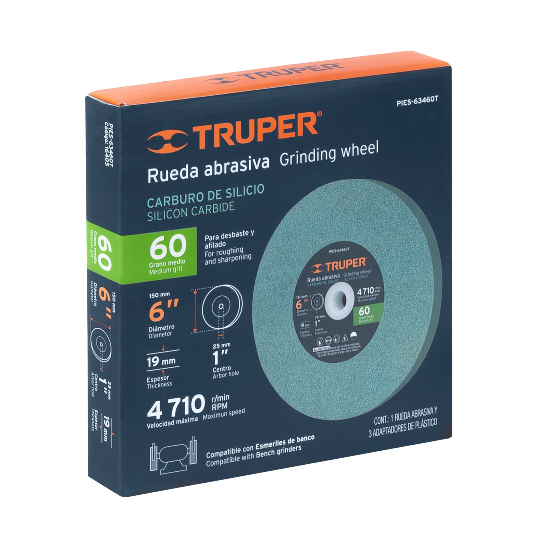 Truper PIES-63460T, Piedra para esmeril, carburo de silicio 6″, grano 60, espesor 3/4″, barreno 1″