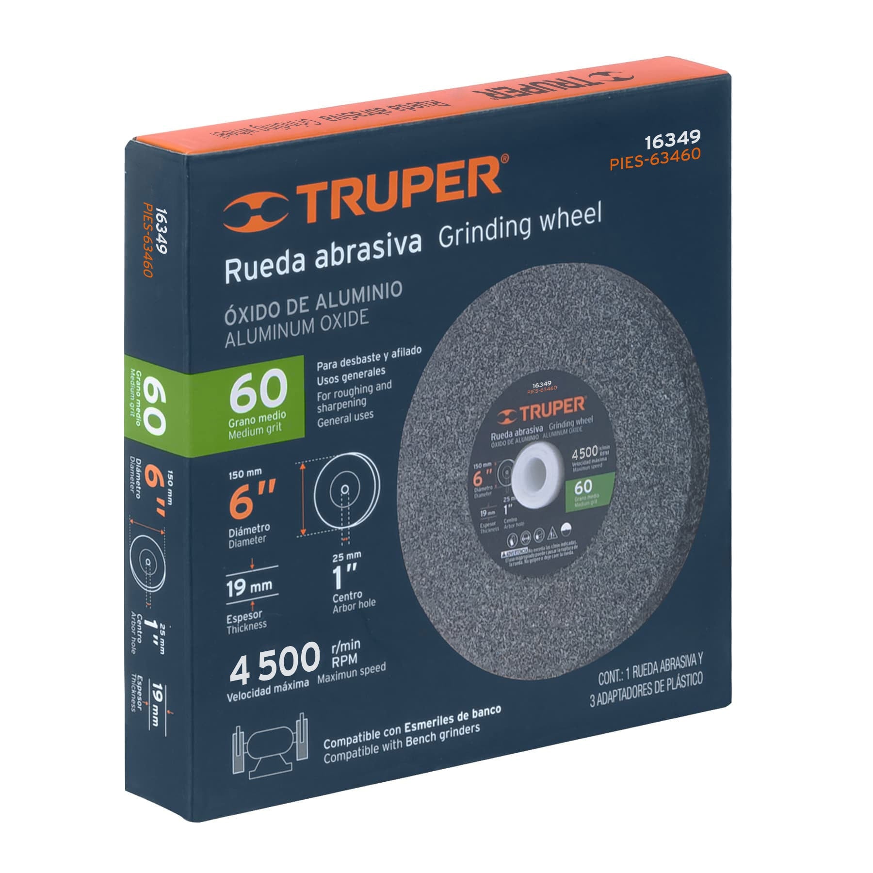 Truper PIES-63460, Piedra para esmeril, óxido de aluminio 6″, grano 60, espesor 3/4″, barreno 1″