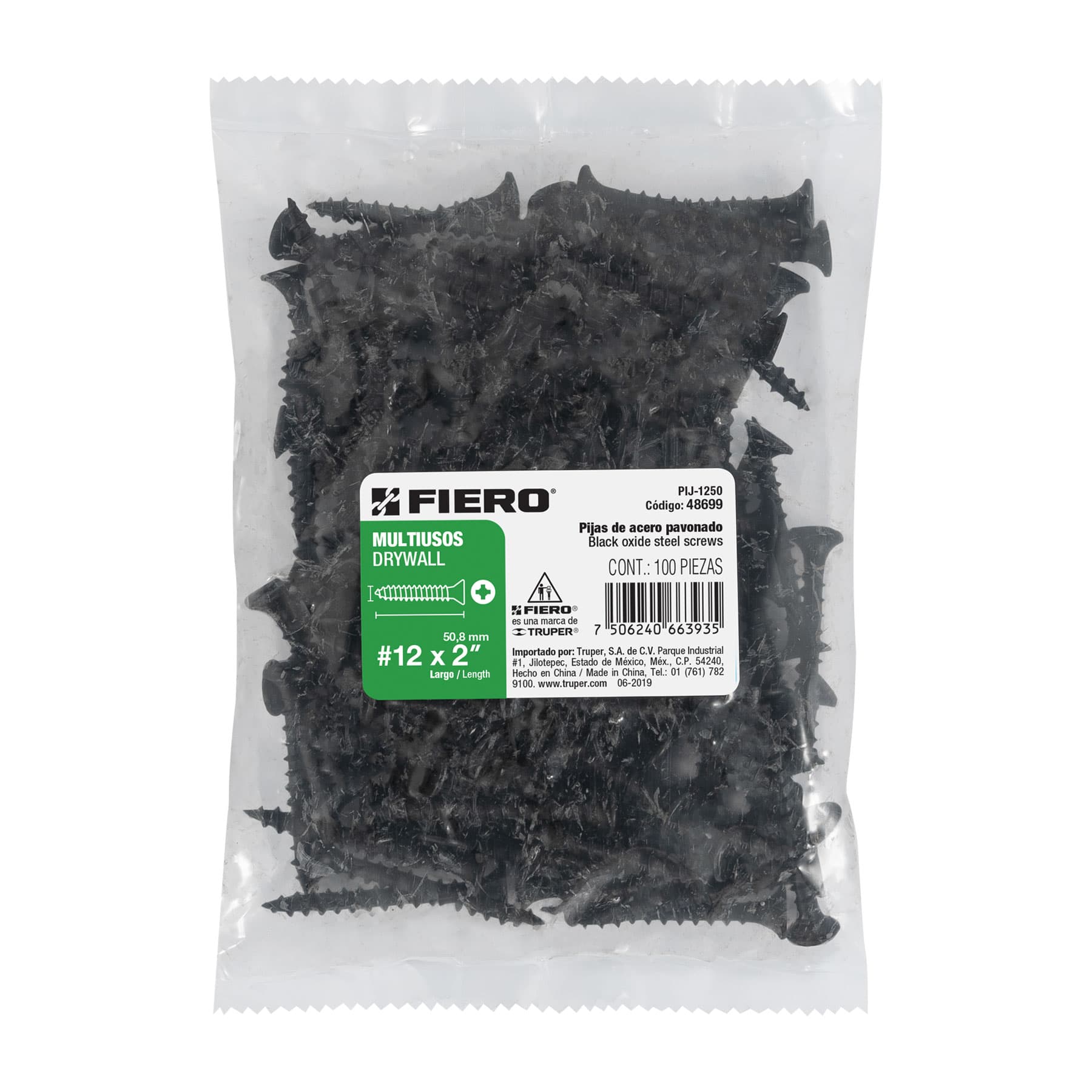 Fiero PIJ-1250 Pija multiusos 12 x 2″ caja con 100 piezas, color, Medida #12, pack of/paquete de 1