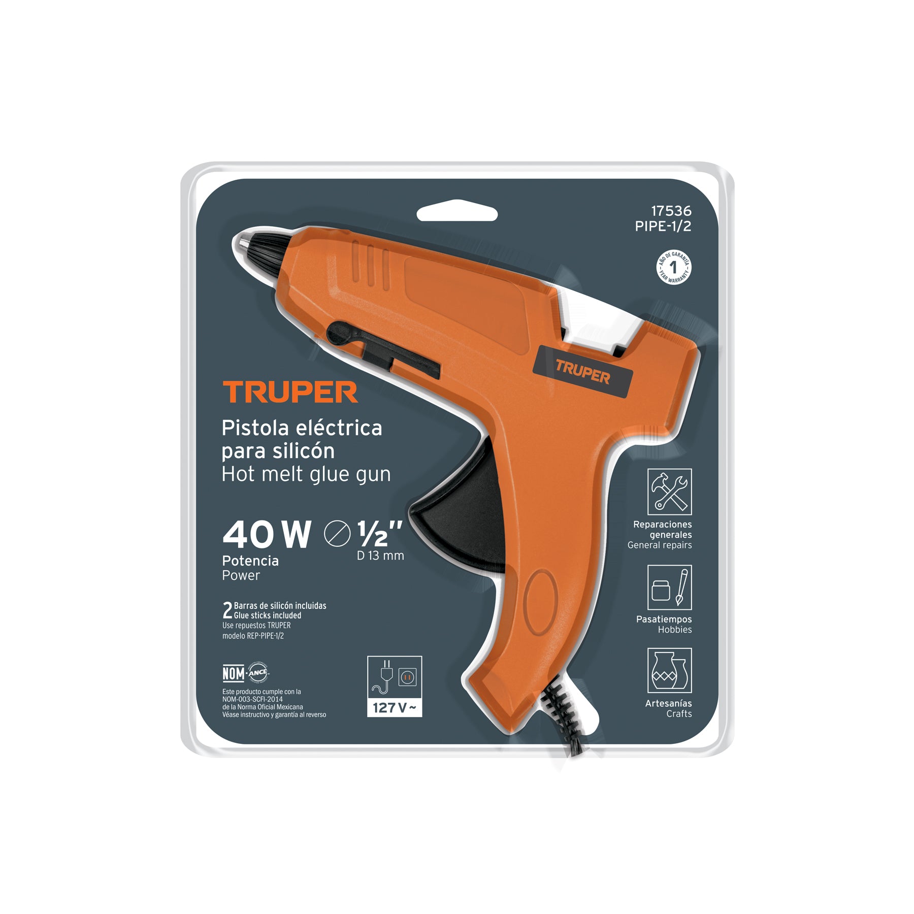 Pistola eléctrica para silicon, 25W, 1/2″, Truper PIPE-1/2