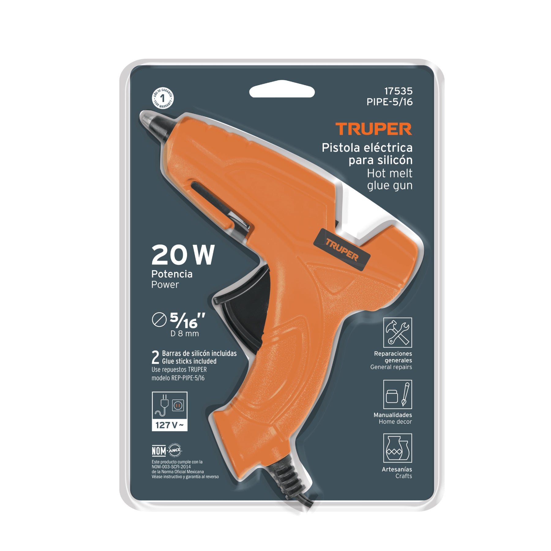 Pistola eléctrica para silicón, 20 W, Truper PIPE-5/16