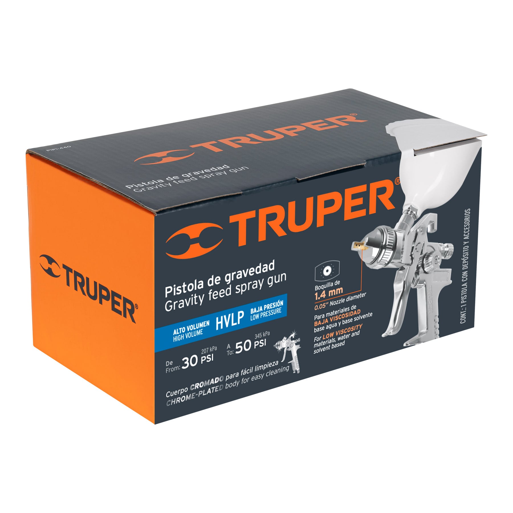Truper PIPI-440, Pistola para pintar gravedad HVLP vaso plástico boquilla de 1.4 mm