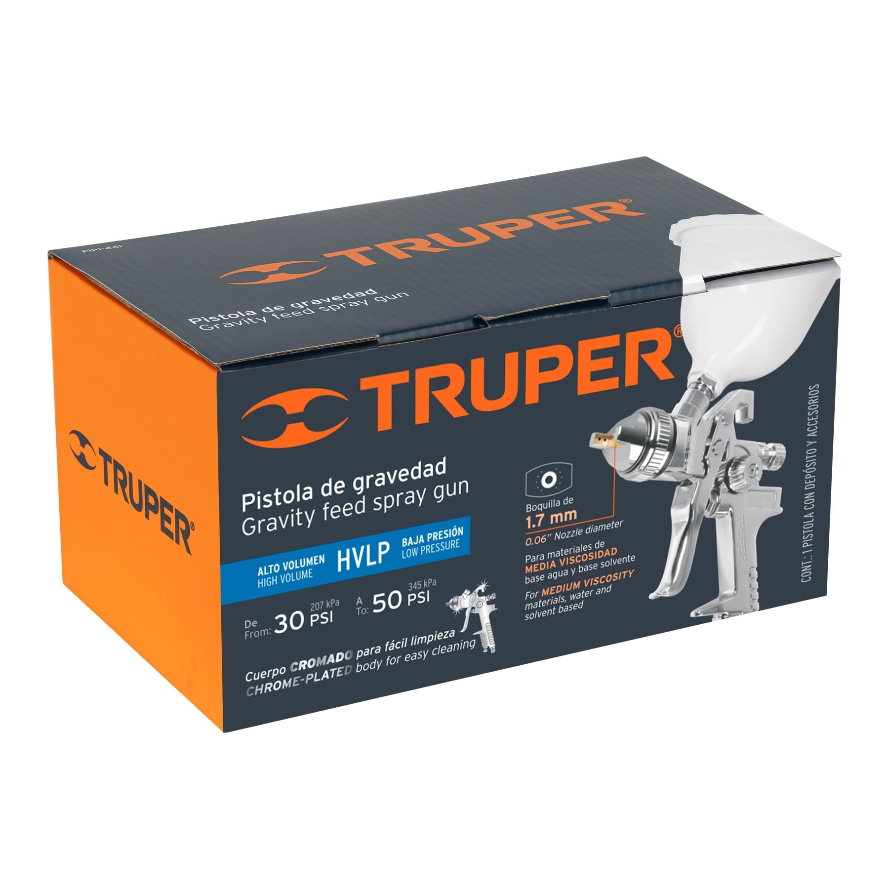 Truper PIPI-441, Pistola para pintar gravedad HVLP vaso plástico boquilla de 1.7 mm