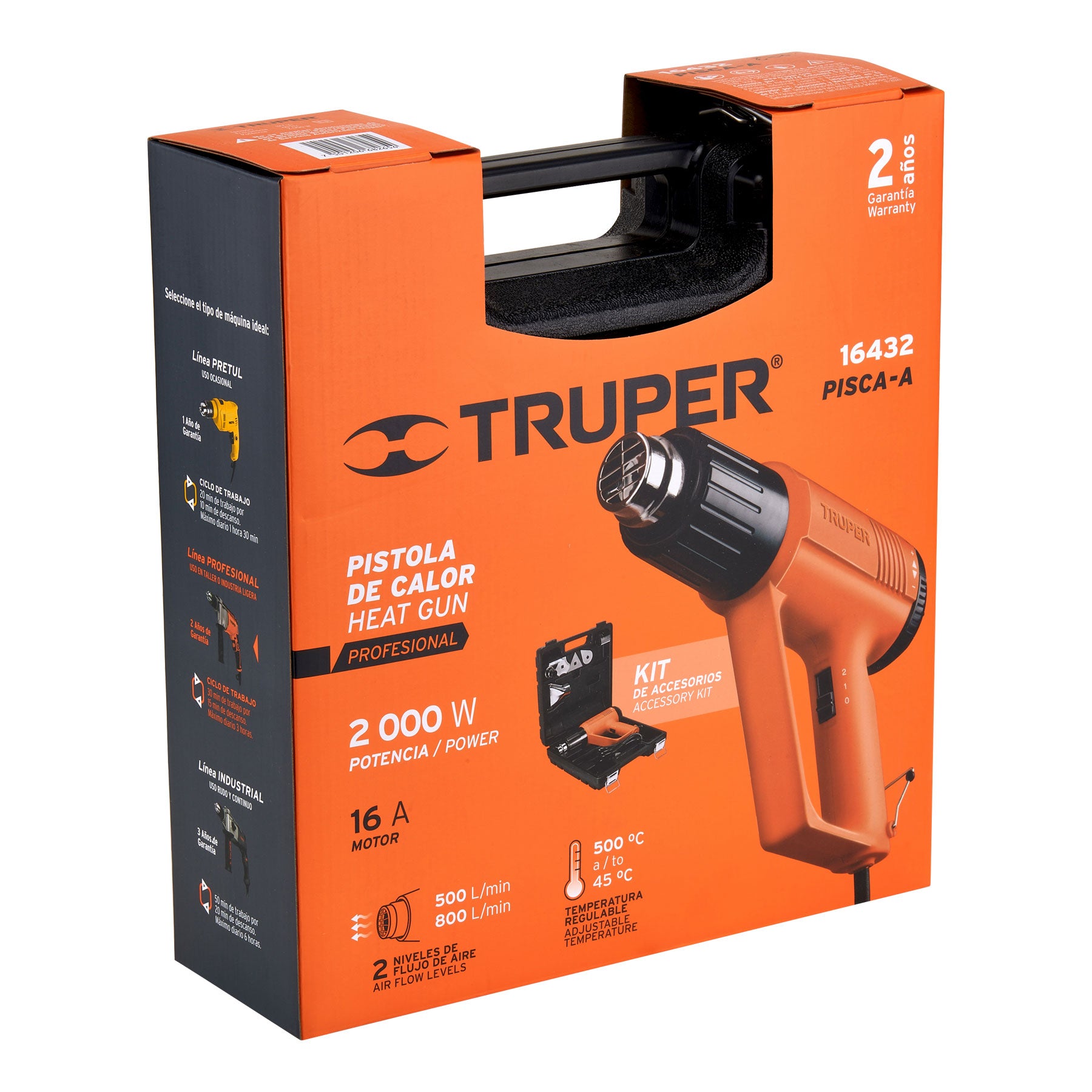 Truper PISCA-A, Pistola de calor 2000 W con 9 accesorios profesional