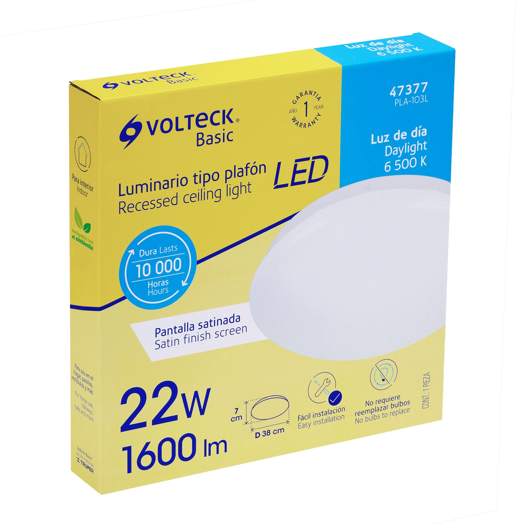 Volteck Lait PLA-103L, Luminario LED 22 W plafón decorativo liso, luz blanca fría 6500K, color blanco