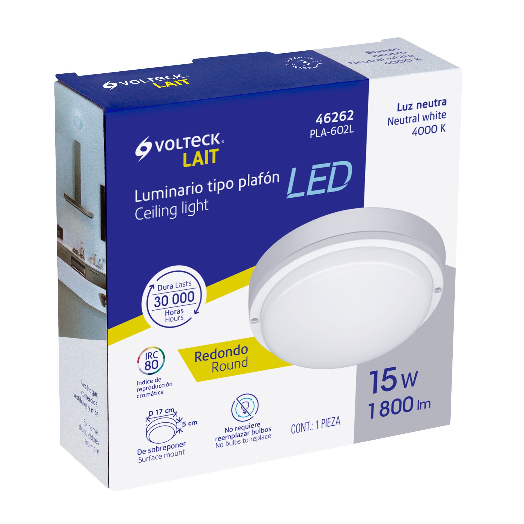 Volteck Lait PLA-602L, Plafón decorativo de LED 15 W redondo para baño