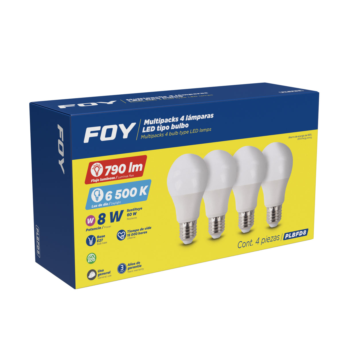 Paquete de 4 lámparas de LED tipo bulbo A19, 8 W luz de día Foy