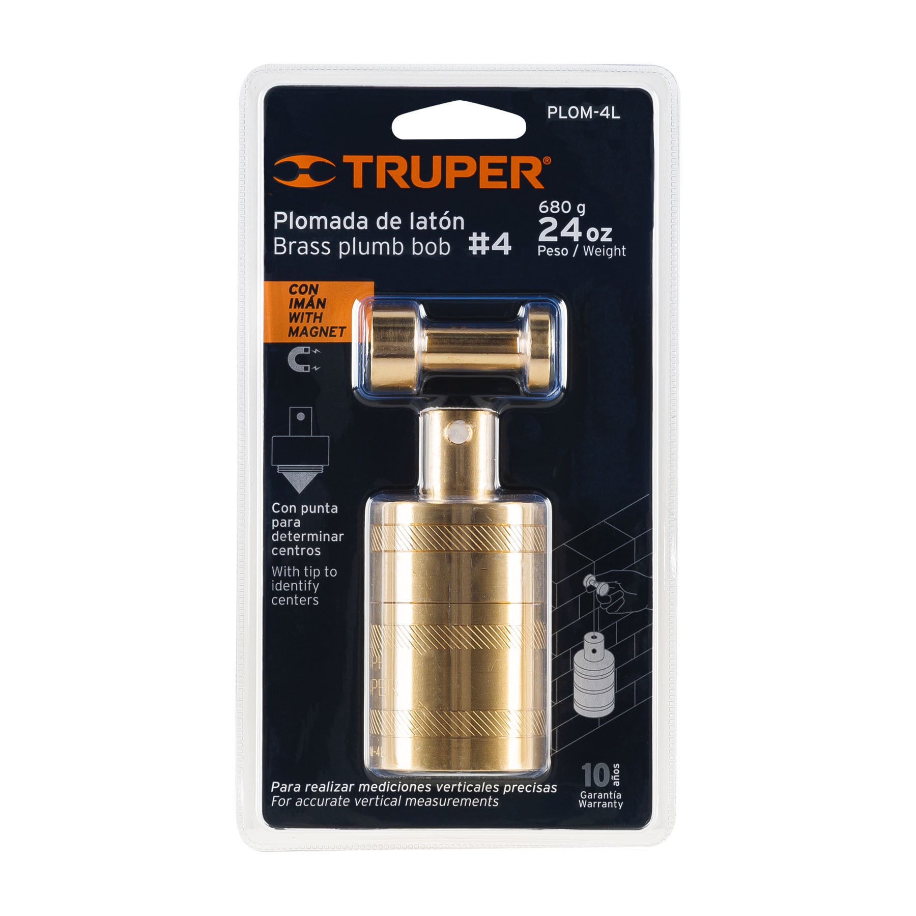 Truper PLOM-4L, Plomada de latón, centro rectificado, #4