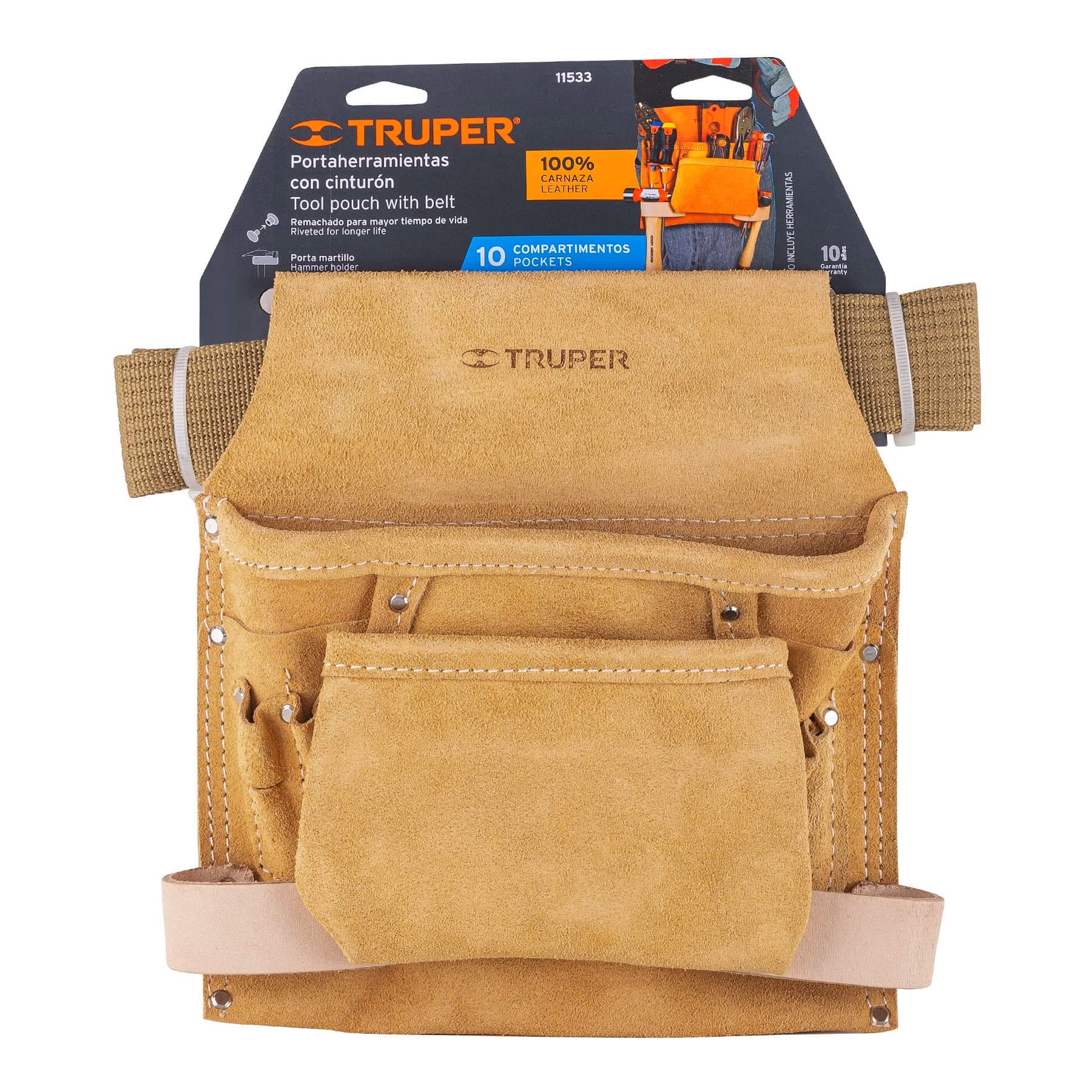 Truper POHE-10C, Porta herramientas de carnaza con 10 compartimentos