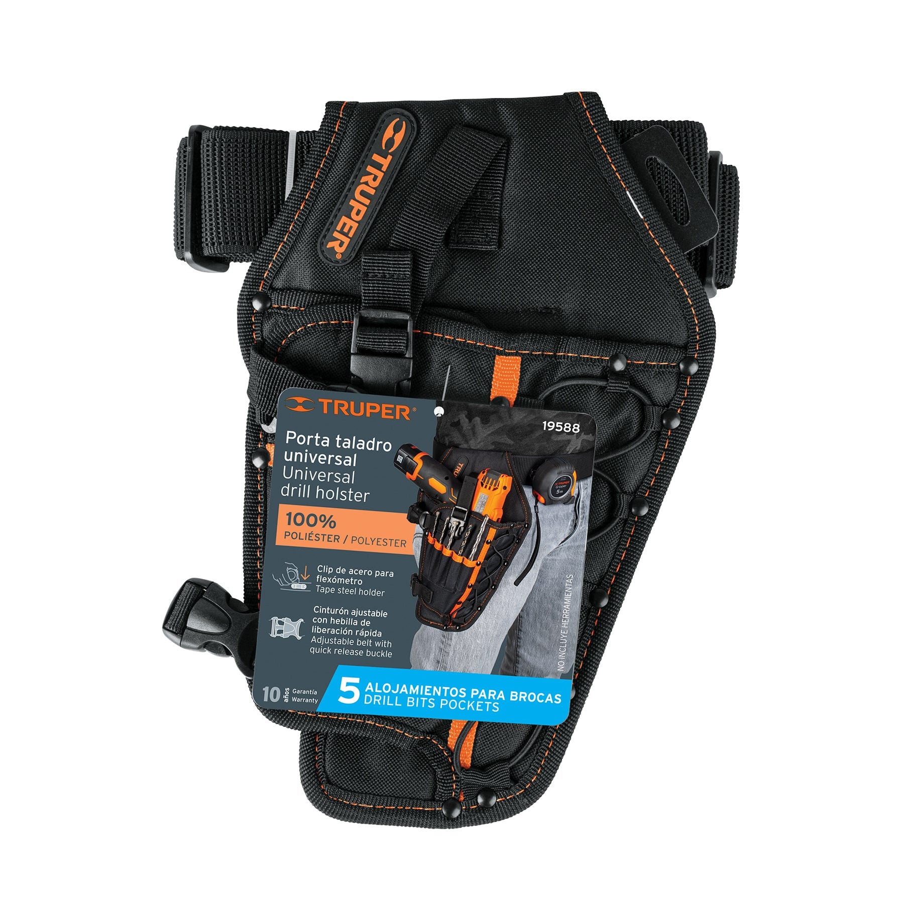 Porta taladro de poliéster 6 compartimentos clip metálico para flexómetro, 1 Pieza, TRUPER POT-5B