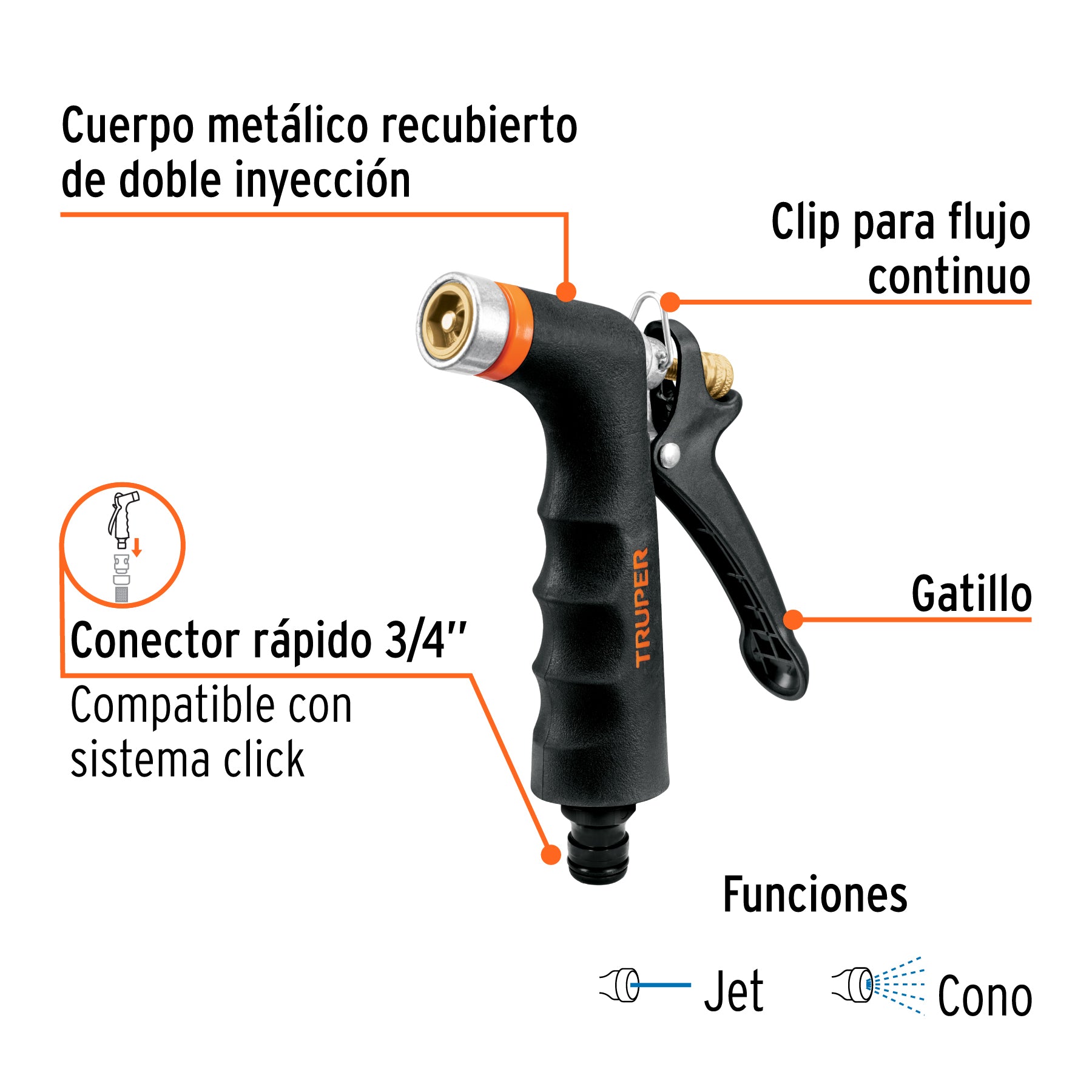 Pistola para riego de 2 funciones metálica con recubrimiento, Truper PR-201