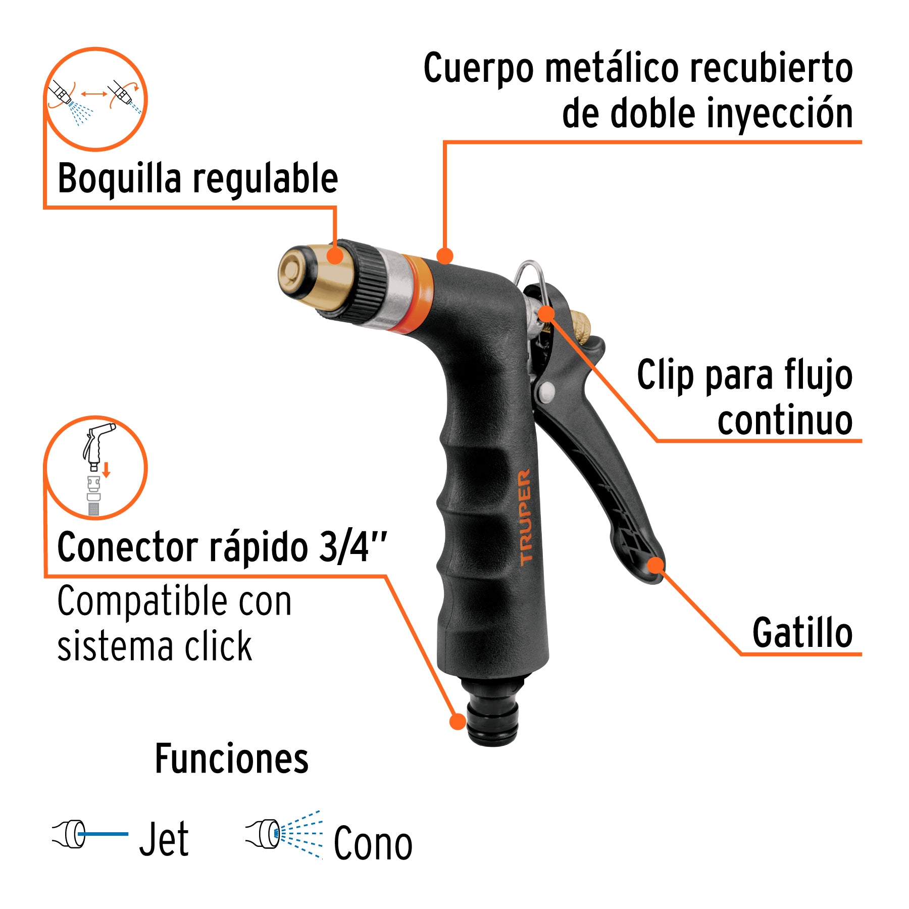 Pistola para riego 2 funciones con recubrimiento y boquilla, Truper PR-202